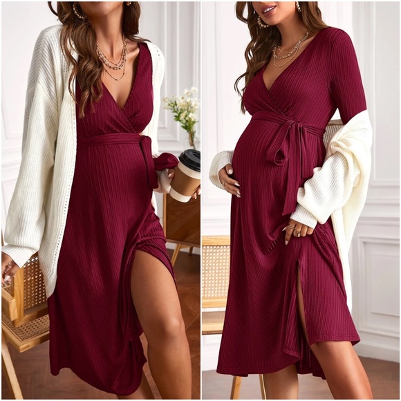 Maternity Rust Ribbed Long Sleeve Minimalist Dress - Picture 5 of 6